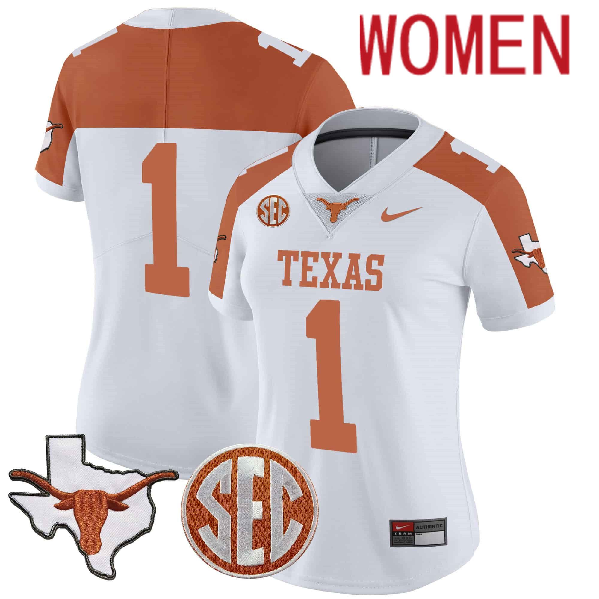 Women Texas Longhorns #1 No Name White 2024 Nike State Map & SEC Patch Vapor NCAA Jersey style 1